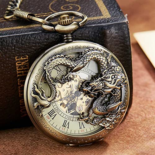 YINGMUZI Silber Mechanische Taschenuhr Drachen Laser Gravierte Uhr Tier Halskette Anhänger Handaufzug Uhr Männer Fob Uhr Kette Hochzeitstag Vatertag Weihnachten Geburtstagsgeschenk von YINGMUZI