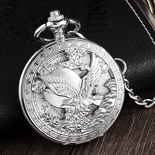 YINGMUZI Silver Eagle Handaufzug Mechanische Taschenuhr Herren FOB Taille Kette Hohles Skelett Römisches Zifferblatt Uhren Männliche Uhr Geschenk Hochzeitstag Vatertag Weihnachten Geburtstagsgeschenk von YINGMUZI