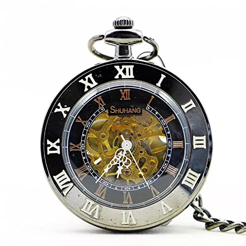 YINGMUZI Steampunk Black Skeleton Mechanische Taschenuhr Kette Open Face Design Handaufzug Damen Herrenuhren Hochzeitstag Vatertag Weihnachten Geburtstagsgeschenk von YINGMUZI