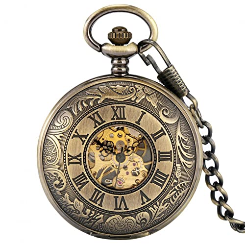 YINGMUZI Vintage Bronze Hohl Doppelseitiges Offenes Skelett Mechanische Taschenuhr Schild Zurück Fall Kunst Sammlerstücke für Männer Frauen Hochzeitstag Vatertag Weihnachten Geburtstagsgeschenk von YINGMUZI