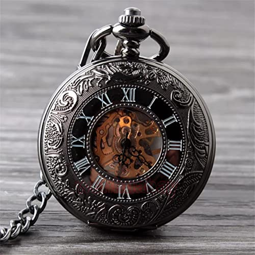 YINGMUZI Vintage Schwarz Mechanische Taschenuhr Herren Klassisch Elegant Hohles Skelett Handaufzug Retro Männliche Uhr Anhänger FOB Kettenuhren Hochzeitstag Vatertag Weihnachten Geburtstagsgeschenk von YINGMUZI