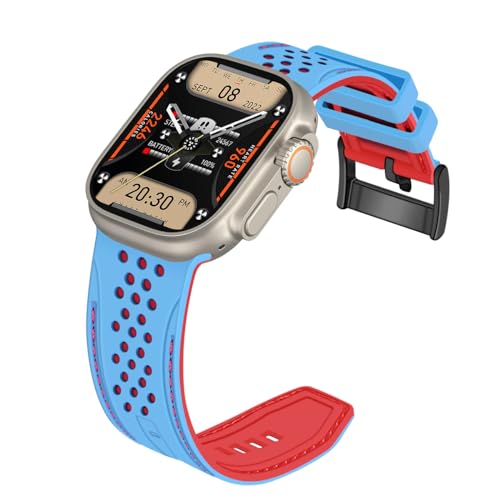 YISIWERA Kompatibel mit Apple Watch Armband 38mm 40mm 41mm Silikon Gummi Armbänder für iWatch Ultra/Ultra 2/Serie 9/8/7/6//5/4/3/2/1/SE Eisblaues Oberteil Rotes Unten Schwarzesschnalle von YISIWERA