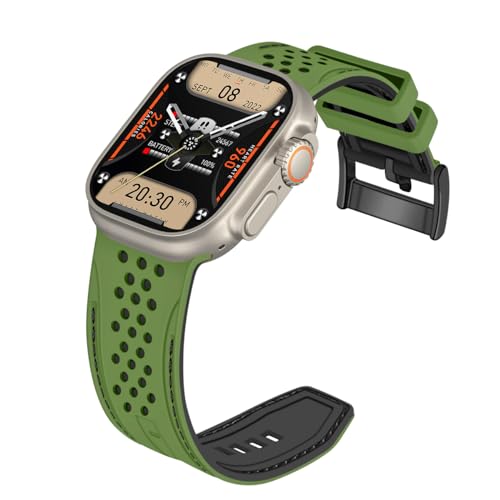 YISIWERA Kompatibel mit Apple Watch Armband 42mm 44mm 45mm 49mm Silikon Gummi Armbänder für iWatch Ultra/Ultra 2/Serie 9/8/7/6//5/4/3/2/1/SE Armeegrünes Oberteil Schwarzes Unten Schwarzesschnalle von YISIWERA