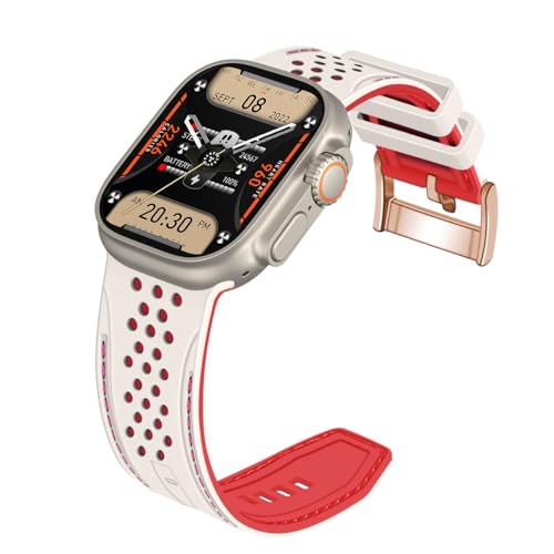 YISIWERA Kompatibel mit Apple Watch Armband 42mm 44mm 45mm 49mm Silikon Gummi Armbänder für iWatch Ultra/Ultra 2/Serie 9/8/7/6//5/4/3/2/1/SE Starlight Oberteil Rotes Unten Roségoldschnalle von YISIWERA