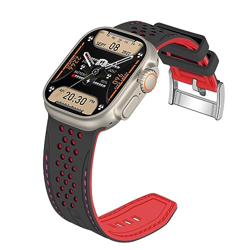 YISIWERA Kompatibel mit Apple Watch Armband 42mm 44mm 45mm 49mm Silikon Gummi Armbänder für iWatch Ultra/Ultra 2/Serie 9/8/7/6//5/4/3/2/1/SE Schwarzes Oberteil Rotes Unten Silberschnalle von YISIWERA