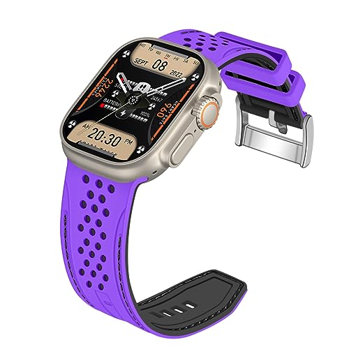 YISIWERA Armband Kompatibel mit Apple Watch Silikon Armband 42mm 44mm 45mm 49mm Armbänder für iWatch Ultra/Ultra 2 Serie 9 8 7 6 5 4 3 2 1 SE Violettes Oberteil Schwarzes Unten Silberschnalle von YISIWERA