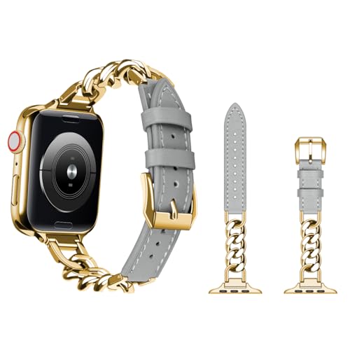 YISIWERA Kompatibel mit Apple Watch Armband 38mm 40mm 41mm Kette Echtes Lederband Uhrenarmband Damen Grau Gold für Apple Watch Series 9/8/SE/7/6/5/4/3/2/1/Ultra 2 von YISIWERA