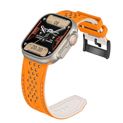 YISIWERA Kompatibel mit Apple Watch Armband 42mm 44mm 45mm 49mm Silikon Gummi Armbänder für iWatch Ultra/Ultra 2/Serie 9/8/7/6//5/4/3/2/1/SE Orange Oberteil Starlight Unten Schwarzesschnalle von YISIWERA