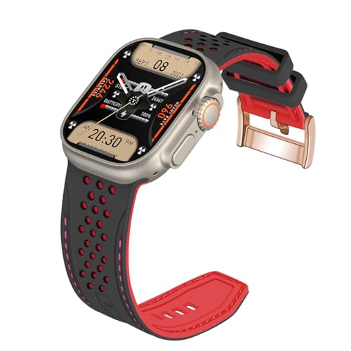 YISIWERA Kompatibel mit Apple Watch Armband 42mm 44mm 45mm 49mm Silikon Gummi Armbänder für iWatch Ultra/Ultra 2/Serie 9/8/7/6//5/4/3/2/1/SE Schwarzes Oberteil Rotes Unten Roségoldschnalle von YISIWERA