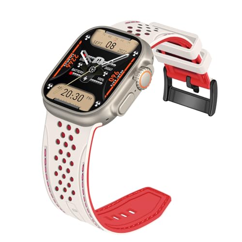 YISIWERA Kompatibel mit Apple Watch Armband 42mm 44mm 45mm 49mm Silikon Gummi Armbänder für iWatch Ultra/Ultra 2/Serie 9/8/7/6//5/4/3/2/1/SE Starlight Oberteil Rotes Unten Schwarzesschnalle von YISIWERA