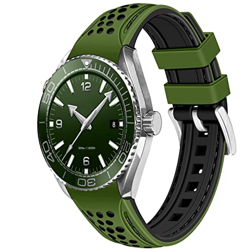 YISIWERA Langlebig Rallye-Rennen Zweifarbig 20mm Armee Grün oben-Schwarz unten gebogene Enden Kautschuk-Silikon-Uhrenarmbänder Universal Stitch Uhrenarmband für Männer Frauen Edelstahlschnalle von YISIWERA