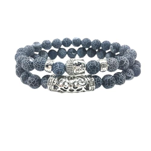 2 Stück/Set Buddha-Perlenarmband, 8 mm, schwarzes Wind-Fossil-Perlenarmband, Unisex, chinesischer Stil, Buddha-Kopf-Charm-Armband, Naturstein, Stretch-Buddha-Armband für Männer und Frauen von YJHQSS