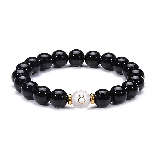 Chakra-Armbänder für Frauen, Naturstein-Armband aus schwarzem Onyx-Kristall, 12 Sternbilder, Sternzeichen-Armband, Charm-Perlenarmband, heilende Edelsteine, Energie-Armreif, Amulett, Schmuck für Fraue von YJHQSS