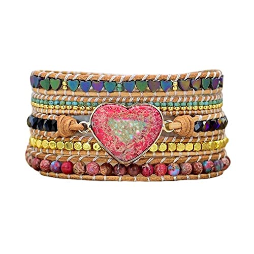 Chakra-Armband, mehrschichtiges Wickelarmband im Boho-Stil, Herz, bunt, natürlicher Kaiserstein, Hämatit-Perlenarmband, stapelbar, handgefertigt, geflochtene Energie-Edelstein-Armreifen für Damen und von YJHQSS