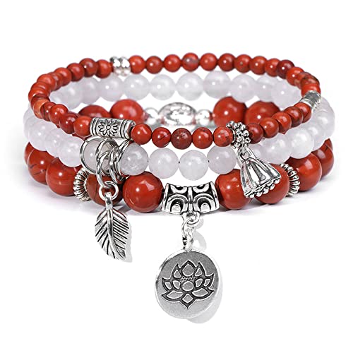 Handgefertigte Armbänder, 3-teiliges Armband aus natürlichem rotem Steinkristall, modisches mehrschichtiges Lotus-Charm-Stretch-Perlenarmband, Yoga-Energie-Edelsteinperlen, Armreif, Schmuck für Frauen von YJHQSS