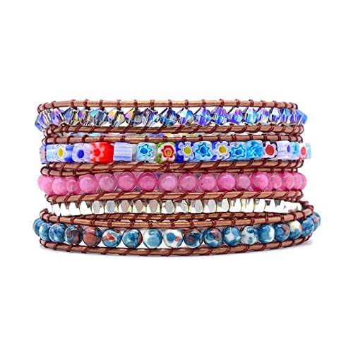 Herrenarmbänder, mehrschichtiges Wickelarmband aus Naturstein, Boho-Blumen-Quadrat-Kristall-Energie-Edelstein-Armreifen, modisches stapelbares handgefertigtes geflochtenes Perlenarmband für Frauen und von YJHQSS