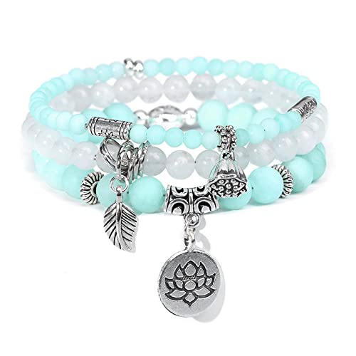 Perlenarmband, 3-teiliges Naturstein-Amazonit-Kristallarmband, modisches mehrschichtiges Lotus-Charm-Stretch-Perlenarmband, Yoga-Energie-Edelsteinperlen, Armreif, Schmuck für Frauen und Männer, Gesche von YJHQSS