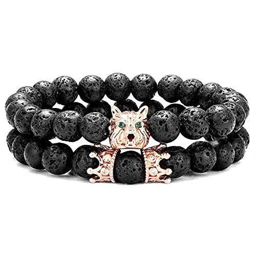 YJHQSS 2 Teile/Satz Natursteinperlenarmband Modisches Wolfskopf-Charmarmband 8mm Lavastein Vulkanstein Perlenarmband für Männer Frauen Roségold Krone Runde Perlen Armreif von YJHQSS