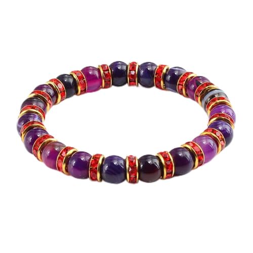YJHQSS Chakra-Armband, natürlicher violetter Achatstein, rotes Bohrarmband, Yoga-Chakra-Kristallarmband, Perlen-Stretch-Glücksstein-Perlenarmband für Frauen und Männer von YJHQSS