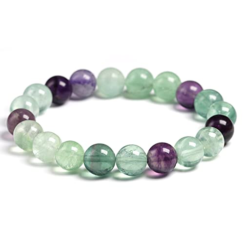 YJHQSS Kristallarmband, Unisex 10 mm Fluoritperlenarmband Chakra Reiki Energie Edelsteinarmbänder Freundschaft Yoga Elastische Armreifen Charm Schmuck für Männer Frauen (WIE GEZEIGT 19 cm (7,5 Zoll)) von YJHQSS