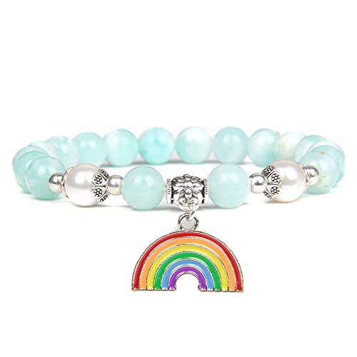 YJHQSS Kristallarmband, natürlicher blauer Chalcedon-Stein, Regenbogen-Charm-Armbänder, Yoga-Chakra-Armband, Perlen-Stretch-Glücksstein-Perlenarmband für Frauen und Männer von YJHQSS