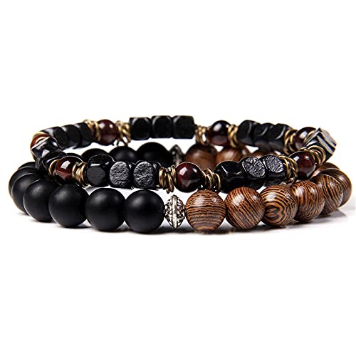 YJHQSS Perlenarmband 2-teiliges Set Natürliche Vulkansteinperlen Buddha-Armband Herren Schwarze Lavaperlenarmband Für Frauen Männer Schmuck E 23Cm von YJHQSS