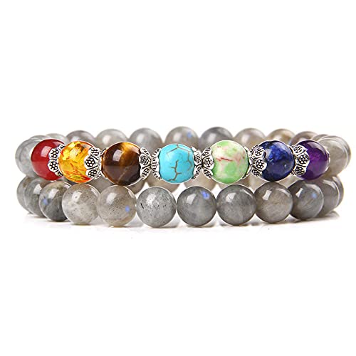 YJHQSS Perlenarmband 2er Set 7 Chakra-Armband für Damen und Herren Buddha-Armband Natur Labradorit-Stein Perlen-Charm-Armband A 19 cm von YJHQSS