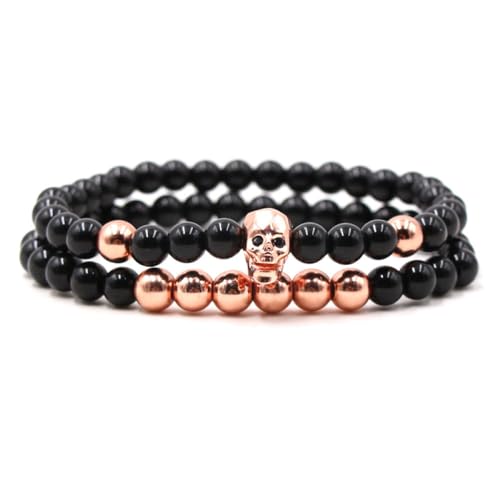 YJHQSS Roségoldenes Totenkopf-Charm-Armband, 2 Stück/Set, Obsidian-Perlenarmband, 8 mm, Natursteinperlen, Stretch-Armband, Gothic-Skelett, runde Perlen, Armreif für Männer und Frauen von YJHQSS