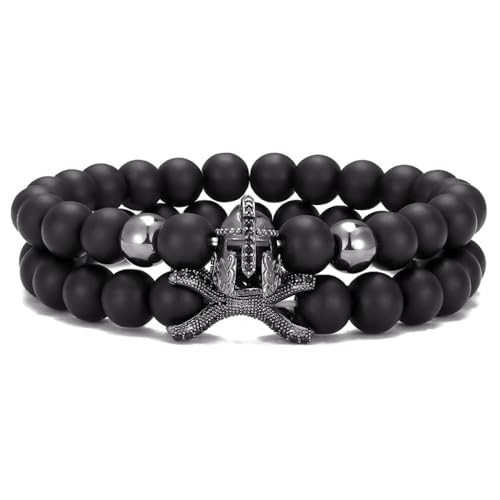 YJHQSS Stück/Set Schwarzes, mattes Perlenarmband, mittelalterliches Spartanerhelm-Charm-Armband, 8 mm, Naturstein, Stretch-Armband, Unisex, Gothic-Kriegerhelm, Vintage-Armreif für Männer und Frauen von YJHQSS