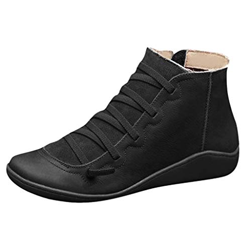 YJING Stiefel Damen Herbst Winter Schneeschuhe Flache Stiefeletten Regenstiefel Schnürstiefel Vintage Bequem Kurze Stiefel Mode Elegant High-top Schuhe Casual Short Ankle Boots Schuhe(11-Schwarz,42) von YJING