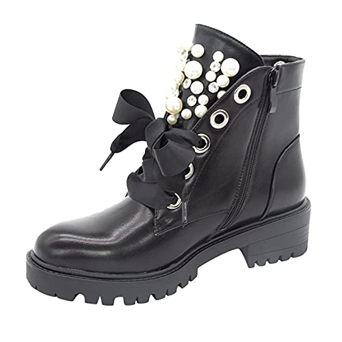 YJING Stiefel Damen Winter Stiefeletten Dicker flacher Absatz mit Perlen Stiefel Fahsion Leder kurze Stiefel Ankle Boots Stiefel Schwarz 38 von YJING