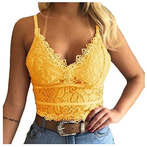 YJLX Spitzen Oberteile Damen Bauchfrei - BH Sexy Tops Elegant Sommertop SpaghettiträGer Cropped Camisole Tanktop äRmellos Spitzentop- Spaghetti Top- Untertops, Gelb, M von YJLX