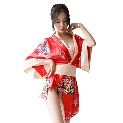 YJZQ Damen Dessous Set Sexy Japanische Dessous Print Kleid Geisha Cosplay Unterwäsche Bademantel Damen Kurz mit Gürtel Kimono Sexy V-Ausschnitt Seide Satin Pyjama Strandkimonos Nachtwäsche von YJZQ