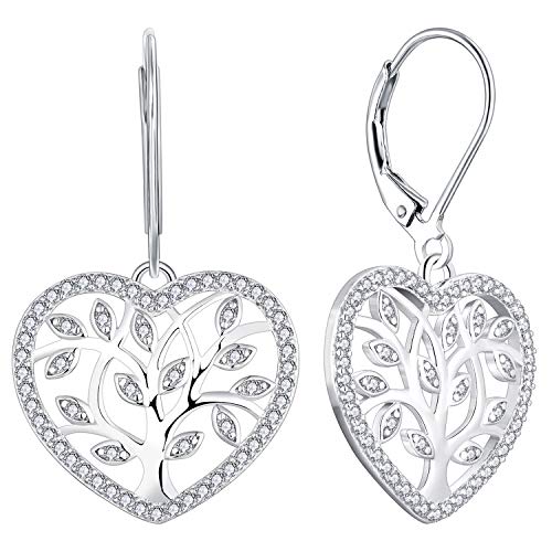 YL Damen Lebensbaum Herz Ohrringe 925 Sterling Silber geschnitten Weiß Zirkonia Baum des Lebens Ohrringe für Damen von YL