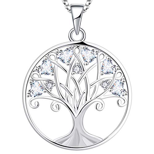 YL Damen Lebensbaum Kette 925 Sterling Silber geschnitten Herz April Geburtsstein Weiß Zirkonia Baum des Lebens Stammbaum Anhänger Halskette für Frauen, 45 + 3CM von YL