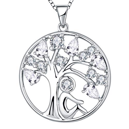 YL Damen Lebensbaum Kette 925 Sterling Silber geschnittenen April Geburtsstein Weiß Zirkonia Stammbaum Anhänger Halskette für Frauen, 45 + 3CM von YL