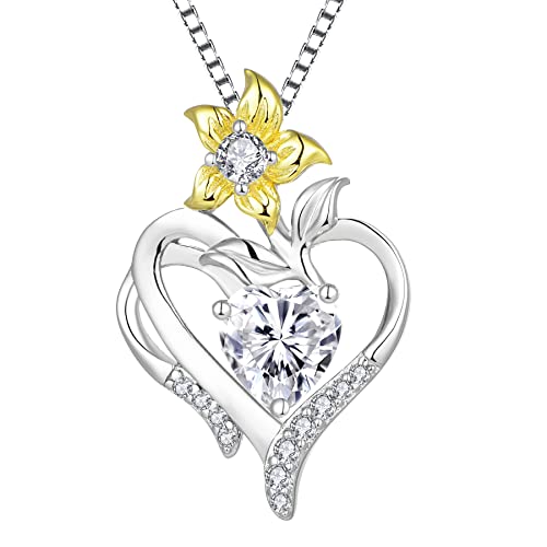 YL Herz Halskette 925 Sterling Silber Schliff April Geburtsstein Weißer Zirkonia Lilie Blume Anhänger für Frauen,Kette 45+3CM von YL