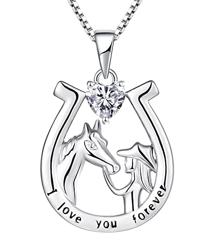 YL Hufeisen Halskette 925 Sterling Silber geschliffen April Geburtsstein weißer Zirkonia Gravur "I love you forever" Pferdeanhänger Schmuck für Frauen Freundin von YL