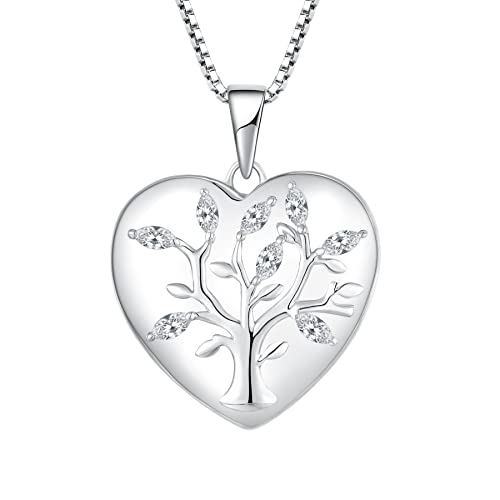 YL Lebensbaum Medaillon Halskette 925 Sterling Silber Schnitt 5A Weiß Zirkonia Herz Medaillon Anhänger für Damen von YL