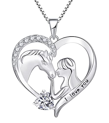 YL Pferdehalskette 925er Sterling Silber geschliffener April Geburtsstein weißer Zirkonia Gravur "I love you" Pferdeherz Anhänger Schmuck für Frauen Freundin von YL