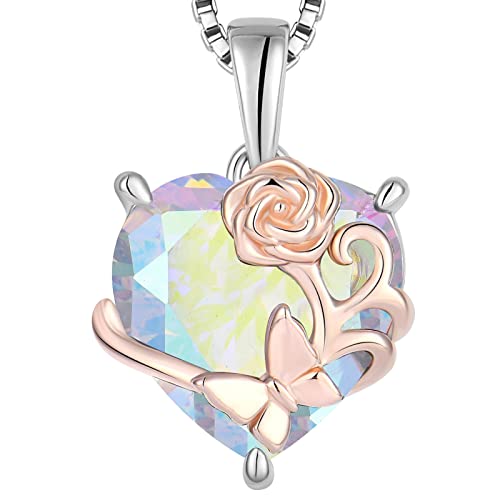 YL Rosa Herz Halskette 925 Sterling Silber Schmetterling Anhänger Kette Regenbogen Zirkonia Weiß Halskette Schmuck Geschenke für Damen Mutter Freundin ihre von YL