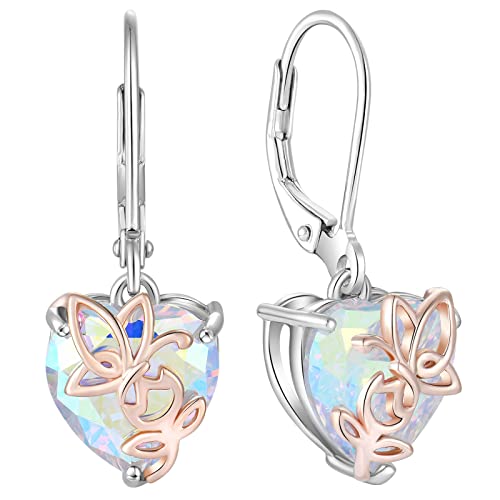 YL Rosa Herz Ohrringe 925 Sterling Silber Schmetterling Ohrringe Regenbogen Zirkonia Weiß Schmuck Geschenke für Damen Mutter Freundin ihre von YL