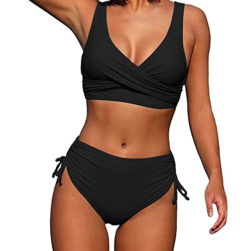 Badeanzug Damen Zweiteiliger Bikini Damen High Waist Bikini Sexy Push Up V Ausschnitt Brustfalte überkreuztes Blumenmuster Bikini Set BademodDamen Badeanzug Bauchweg Triangel 2pc Bikini (Black-C, XXL) von YLLQXI