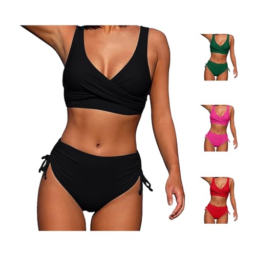 Bikini Damen Set, Bikini Damen Bauchweg Zweiteiliger Push Up Badeanzug Damen V Ausschnitt Überkreuztes Bauchkontrolle Bikini Sexy High Waist Bikini CrossBack BademodeDamen Twistt Front (B-Black, S) von YLLQXI