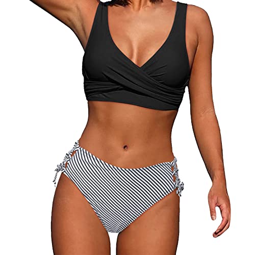 Bikini Damen Set, Bikini Damen Bauchweg Zweiteiliger Push Up Badeanzug Damen V Ausschnitt Überkreuztes Bauchkontrolle Bikini Sexy High Waist Bikini Crossback BademodeDamen Twistt Front (A-Black, L) von YLLQXI