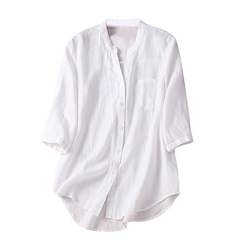 Leinenbluse Damen Sommer Leinen Bluse Damen Oberteile Damen Langarm Große Größen Hemdbluse Blusenkleid Damen Tunika V-Ausschnitt Langarmshirt Leinen Baumwolle Hemd Knopf Einfarbig (White #7, XXXL) von YLLQXI