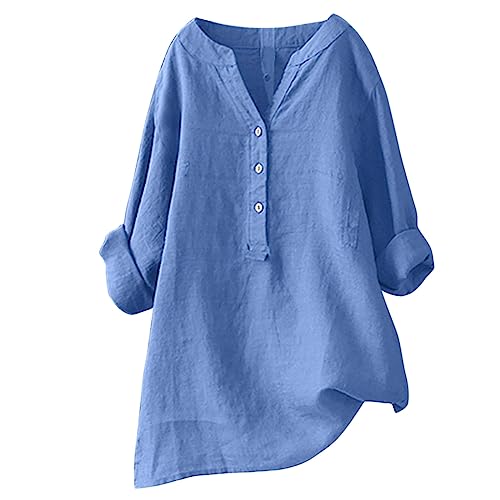 YLLQXI Leinenbluse Damen Sommer Leinen Bluse Damen Oberteile Damen Langarm Große Größen Hemdbluse Blusenkleid Damen Tunika V-Ausschnitt Langarmshirt Leinen Baumwolle Hemd Knopf Einfarbig (Blue #3, M) von YLLQXI