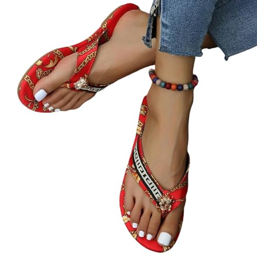 YLXCKGS Flip-Flops Flip-Flops Damen-Hausschuhe Mode Druck Flach Flip-Flops Outdoor Pantoffeln Flache Pantoffeln Frauen Große Größe-Rot-38 von YLXCKGS