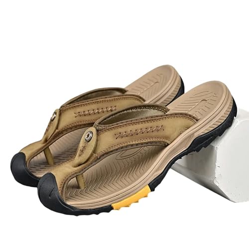 YLXCKGS Flip-Flops Klassische Sommer Flip-Flops Männer Sandalen Weiche Leder Schuhe Mann Sandalas Outdoor Antirutsch Strand Sandalen Handmade-Khaki-39 von YLXCKGS