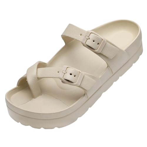 YLXCKGS Sandalen Damen Sommer Frauen Verstopfen Sandalen Sommer Wasserdichte Tiefe Strandsandalen Heimische Sandalen Verstellbare Schnallenbogenstütze-Khaki-36 von YLXCKGS